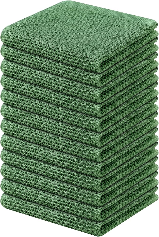 Kitinjoy 100% Cotton Kitchen Dish Cloths (12 X 12 Inches, Grass Green), 12 Pack Waffle Weave Ultra Soft Absorbent Dish Towels for Drying Dishes Quick Drying Kitchen Towels Dish Rags
