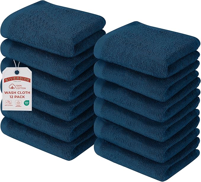RIVERSIDE Pack of 12 Washcloths, 12 x 12 Inches, 100% Cotton, Premium Flannel Face Cloths, Highly Absorbent & Soft Feel Fingertip Towels (Navy Blue, 12 Pack)