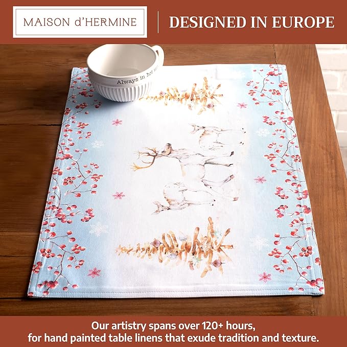 Maison d' Hermine Placemats Set of 4 100% Cotton Washable Cloth Place Mats, Reusable Table Mats for Thanksgiving Christmas Decorations Kitchen Dining Party Wedding (Fairy Tale Forest, 13" x 19")