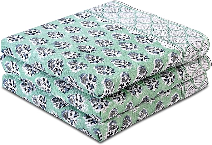 CPC Poppy Blue Hand Block Print Waffle Kitchen Towel Set of 3-16 x 28 Inch Ultra Absorbent Quick Dry Cotton Dish Towels Lightweight Reusable Sustainable Tea Towels for Cleaning and Drying