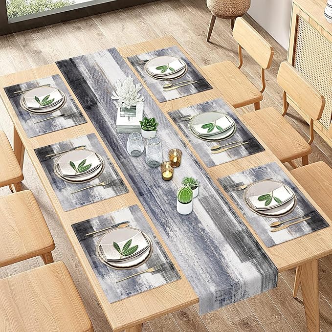 Emvency Grey Table Runner and Placemats Set of 6, Abstract Dark Gray Decorations for Indoor Outdoor Dining Decor(1 Table Runner 72 inches Long and 6 Placemats)