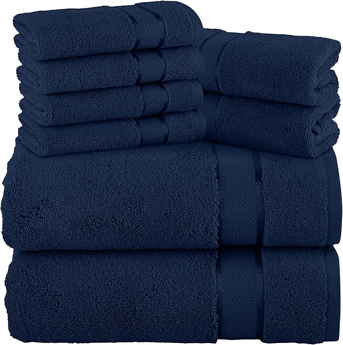 Elegant Comfort Premium Cotton 8-Piece Towel Set, Includes 4 Washcloths, 2 Hand Towels and 2 Bath Towels, 100% Turkish Cotton - Highly Absorbent and Super Soft Towels for Bathroom, Navy