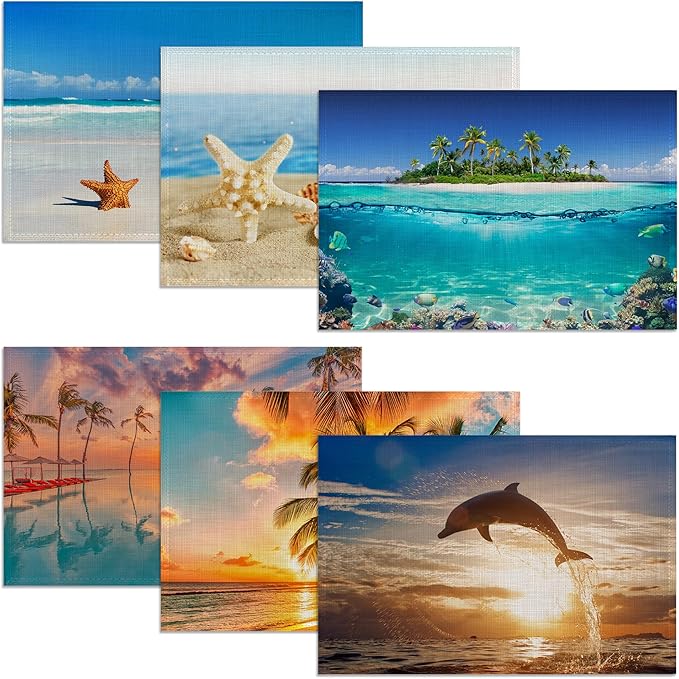 6 Pcs Palm Tree Beach Table Mats,Starfish Ocean Placemats Waterproof Washable, Kitchen Table Decoration Placemats Modern Holiday Kitchen Table Decoration(12""x18""Linen), ZHN-CDXF-059423