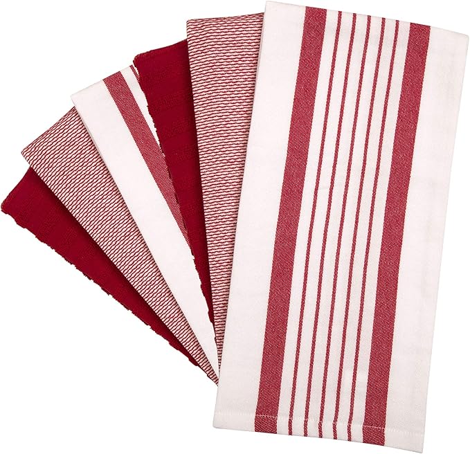 Premium Kitchen Towels (20”x 28”, 6 Pack) | Large Cotton Dish Towels | Flat & Terry Highly Absorbent Kitchen Linen Set with Hanging Loop | Red Striped