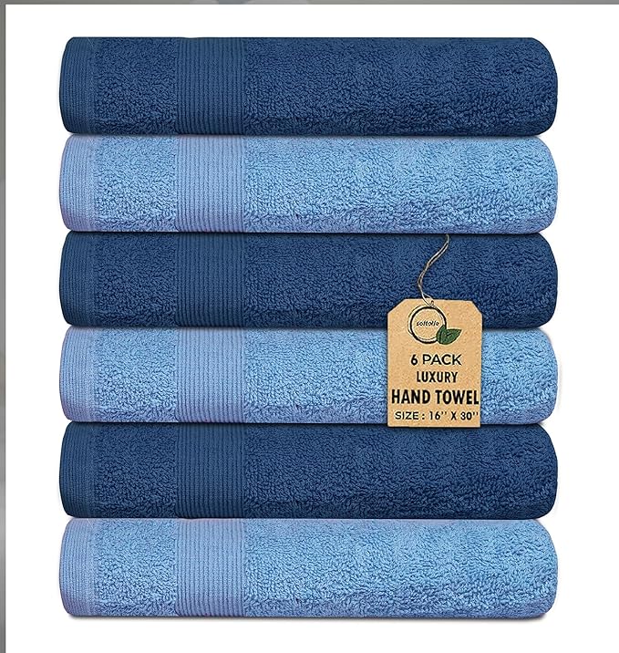 Premium Hand Towels Pack of 6 (16" x 30”) 100% Combed Ring Spun Cotton | Highly Absorbent Hand Towels Set | Ultra Soft for Home, Gym & Spa (Sky/Navy)