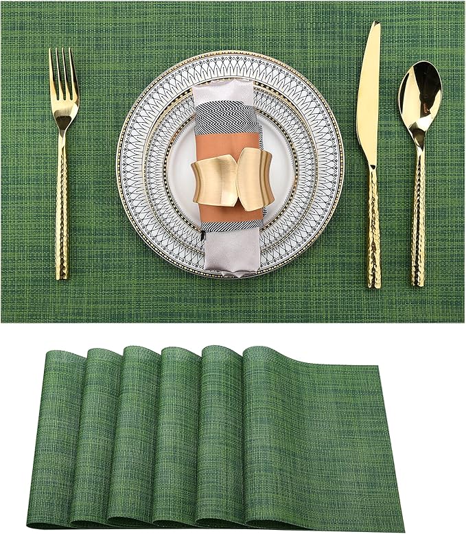 SLKQG Green Placemats Set of 6 - Wipe Clean Vinyl Placemats - Washable Heat Resistant PVC Table Mats for Dining Table - 17x12 Inch (Green, 6)