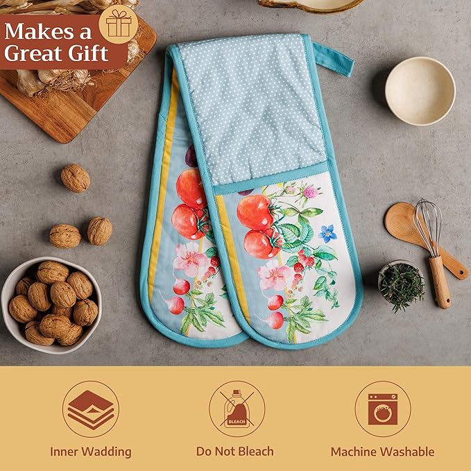 Maison d' Hermine Double Oven Mitts 100% Cotton 7"x35" Double Oven Mitt Heat Resistant BBQ Cooking Gloves with Loop Baking Grilling Gifts for Mothers Day Spring Summer (Giverny)