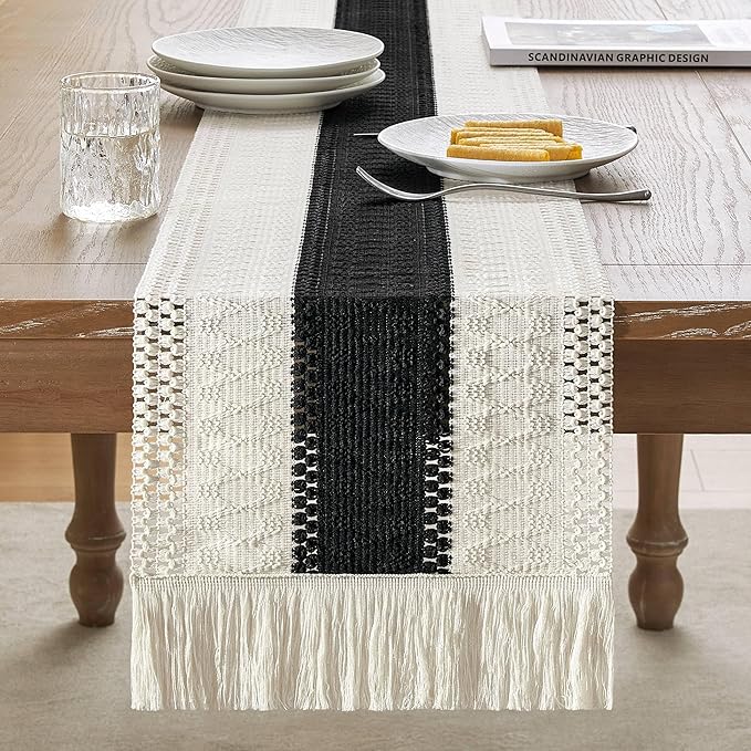 ZeeMart Macrame Style Bicolor Stitching Table Runner, 12 x 108 Inch Black/Ivory, Boho Black Table Runners 108 Inches Long, Farmhouse Woven Home Decor