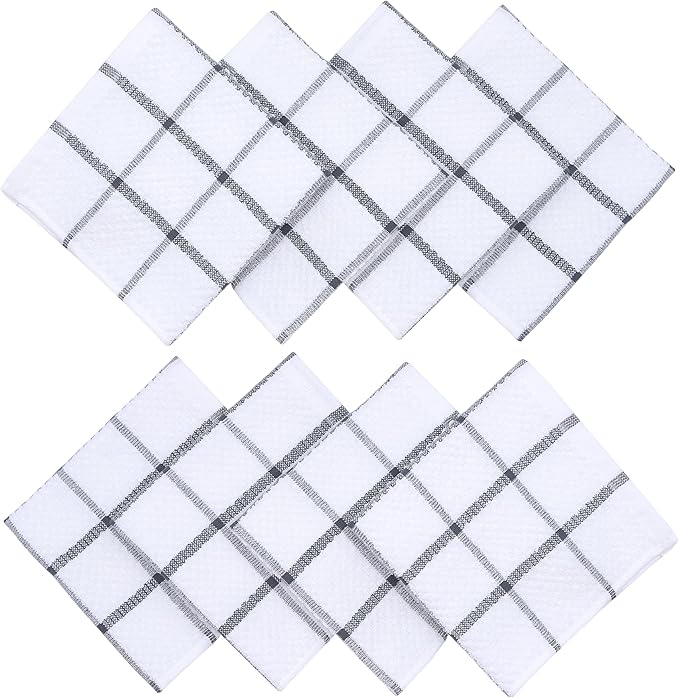 Cotton Cleaning Rags Terry Dish Cloths for Washing Dishes, Set of 8 Dish Rags for Cleaning, Light and Soft Dish Towels for Kitchen Drying Dishes, 12 Inch x 12 Inch (Grey Plaid)