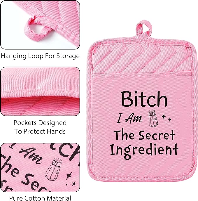 GROBRO7 6Pcs Funny Oven Mitts Pot Holders Baking Gift, I Am The Secret Ingredient Resistant Hot Pad Machine Washable Gloves with Hanging Pocket Potholder for Friend Women Gift for Love Kitchen Cooking
