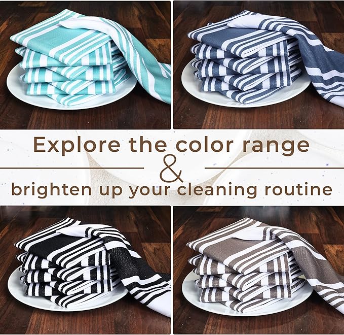 Urban Villa Cotton Dish Cloth Set of 8, Highly Absorbent Super Soft Quick Drying 12x12 Inch Dish Cloths for Kitchen Cleaning & Drying Dishes Mitered Corner Trendy Stripes Kitchen Towels - Aqua/White