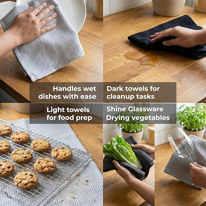 Highly Absorbent Cotton Dish Towels for Drying - Set of 2+2+2 - Light Gray + Dark Gray + Black Kitchen Towels - 18"X28" Lint Free Waffle Weave Cloth Linen Hand Bathroom Bulk Dishtowels