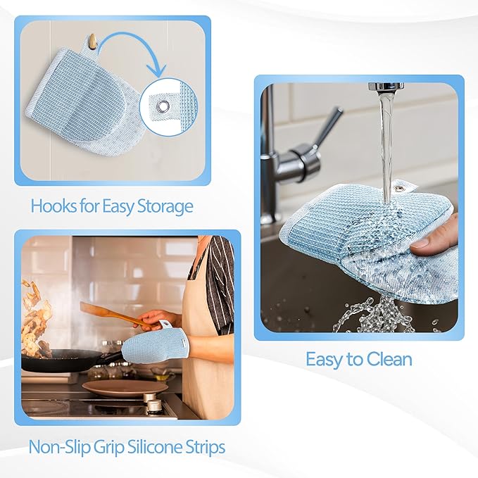 Casa Platino BBQ Gloves & Potholders Set, 4Pc Kitchen Mitts for Oven & Baking, Holder for Hot Pots & Dishes – Heat Resistant Up to 500°F, Non-Slip & Machine Washable – Cornflower