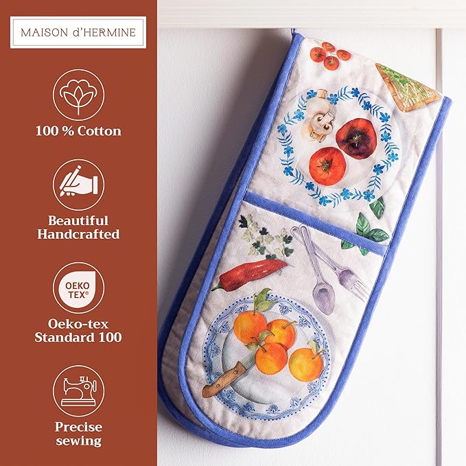 Maison d' Hermine Double Oven Mitts 100% Cotton 7"x35" Double Oven Mitt Heat Resistant BBQ Cooking Gloves with Loop Baking Grilling Gifts for Mothers Day Spring Summer (Gourmand)