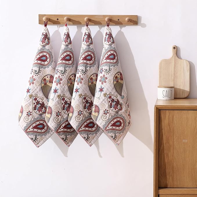 Kitchen Dish Towels for Drying 100% Cotton,Ultra Absorbent Quick Drying Thick Reusable Cleaning Decorative Tea Towels with Hanging Loop,Reversible Boho Pretty Hand Towels,Floral,4 Pack