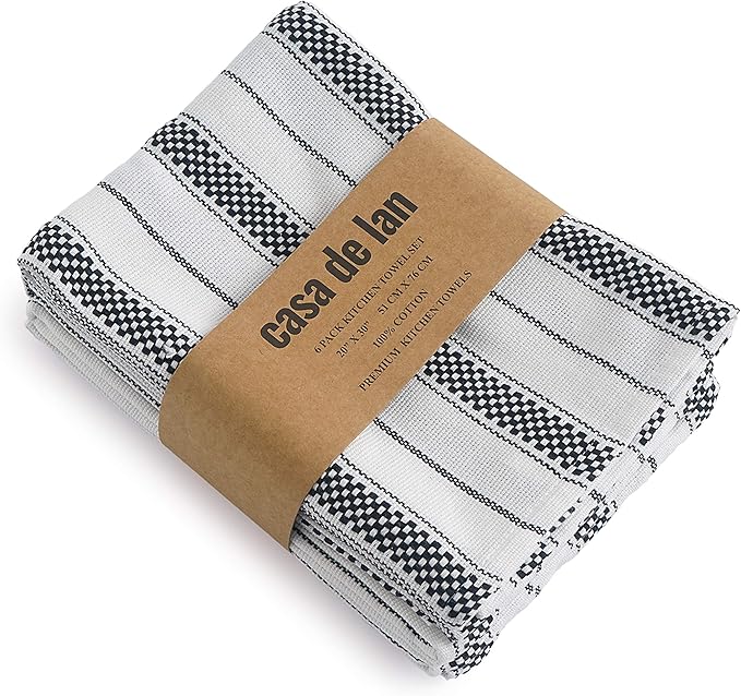 Kitchen Towels Set – Pack of 6 (20’’ x 30’’) Extra Large Premium Cotton Dish Towels for Kitchen – Chain Stripe Towels – Absorbent – 100% Cotton – with Hanging Loop – Black