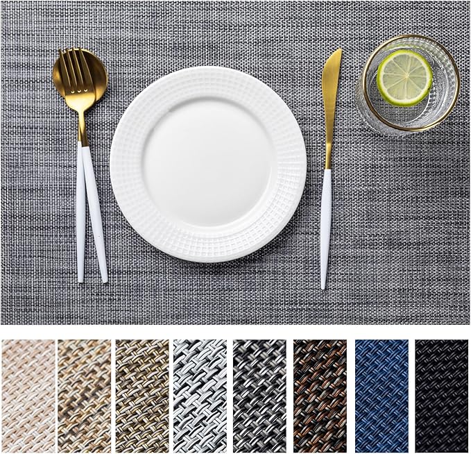 LEXMORE Placemat Set of 4 Vinyl/Plastic Woven Place Mats for Kitchen Table Indoor/Outdoor Washable Placemat Wipeable Dining Table Mats(Dark Gray)