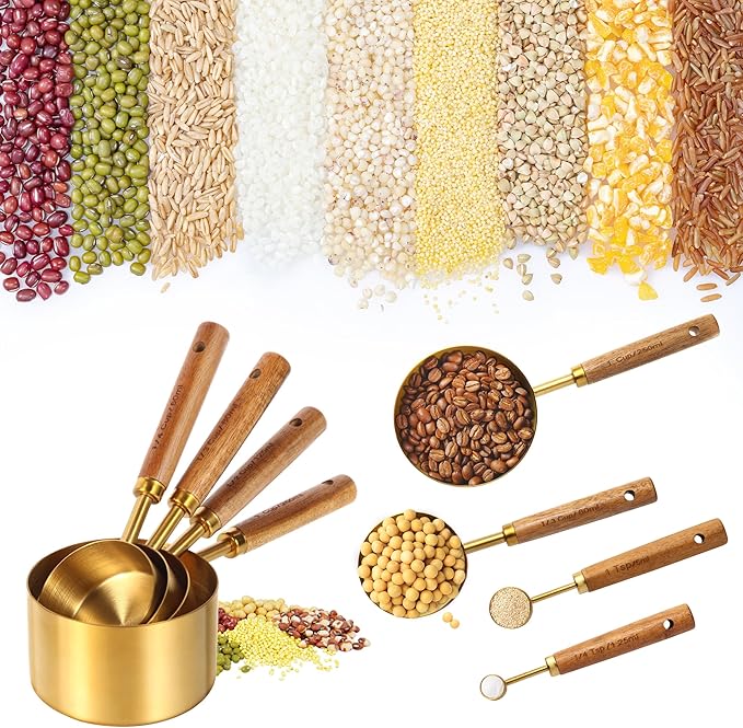 Gold Measuring Cups and Spoons Set,8 Piece Premium Stainless Steel Measuring Cups with Wood Handles,4 Stackable Wooden Measuring Cups and 4 Measuring Spoons Set for Baking Supplies in the Kitchen