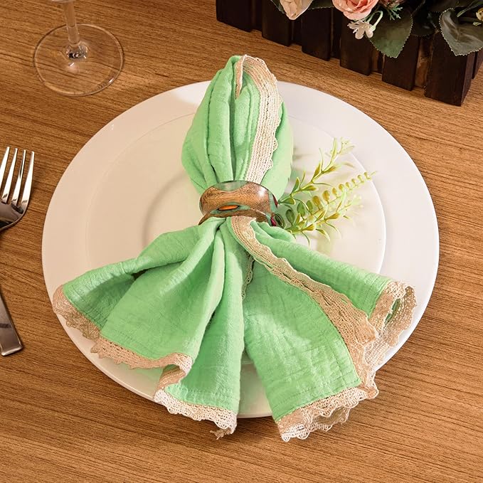 Fingercraft Dinner Cloth Napkin Cotton Muslin Double Gauze 4 Pack with Classic Lace for Everyday Use, Wedding, Party, Christmas, Easter Napkins Cloth are Pre Shrunk and Good Absorbency Lettuce Green