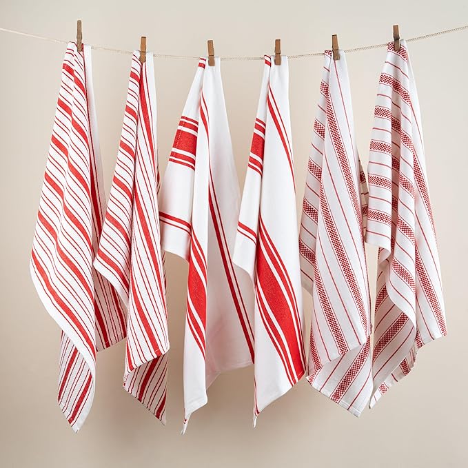 Kitchen Towels Set – Pack of 6 (20’’ x 30’’) Extra Large Premium Cotton Dish Towels for Kitchen – Absorbent – 100% Cotton – with Hanging Loop – Red Multi Design Striped