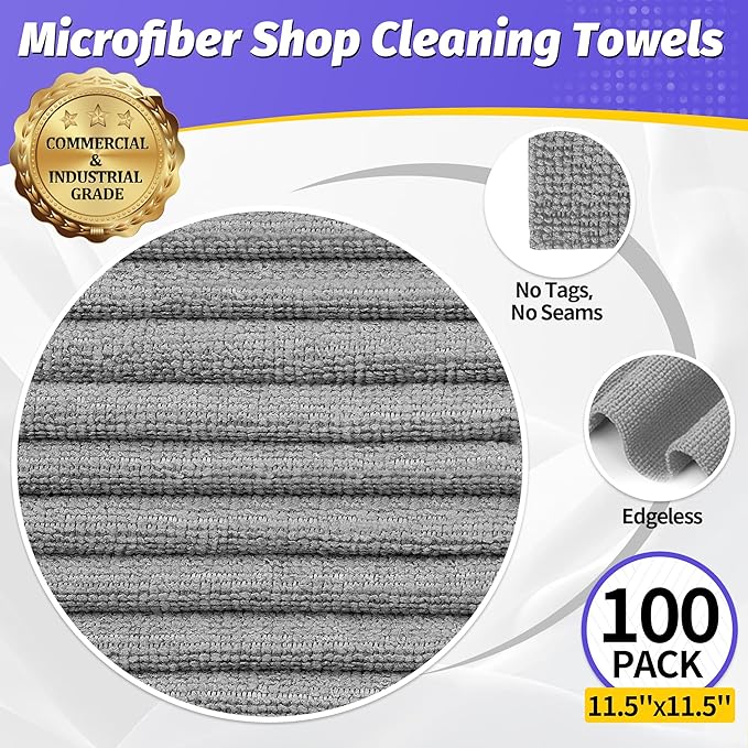 Microfiber Cleaning Cloth, 100 Pack Cleaning Rags Microfiber Towel Bulk Absorbent Lint-Free WashCloths, All-Purpose Towels for Cars, Shop, Automotive, Garage, Home Kitchen 11.5"*11.5", Grey