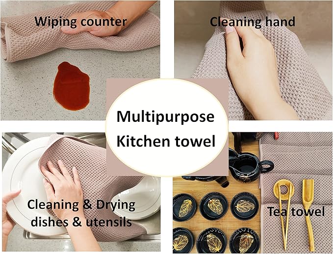 Kitchen Towels 100% Cotton Waffle Weave Dish Towel for Cleaning Drying Dishes Extra Absorbent and Soft, Dish Cloth,13 x 28 Inch(EarthBrown-4 Pack)
