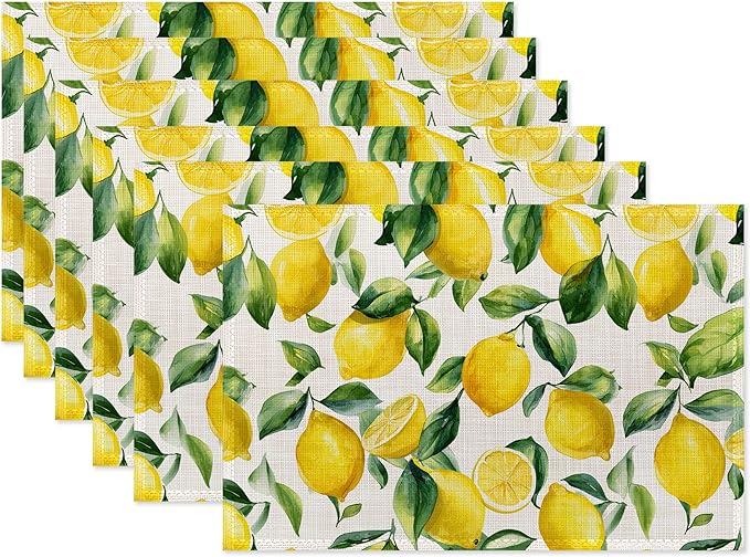 Lemon Placemat Set of 6,Heat Resistant Linen Table Mats for Indoor Outdoor Home Kitchen Dining Room Table 12x18Inch