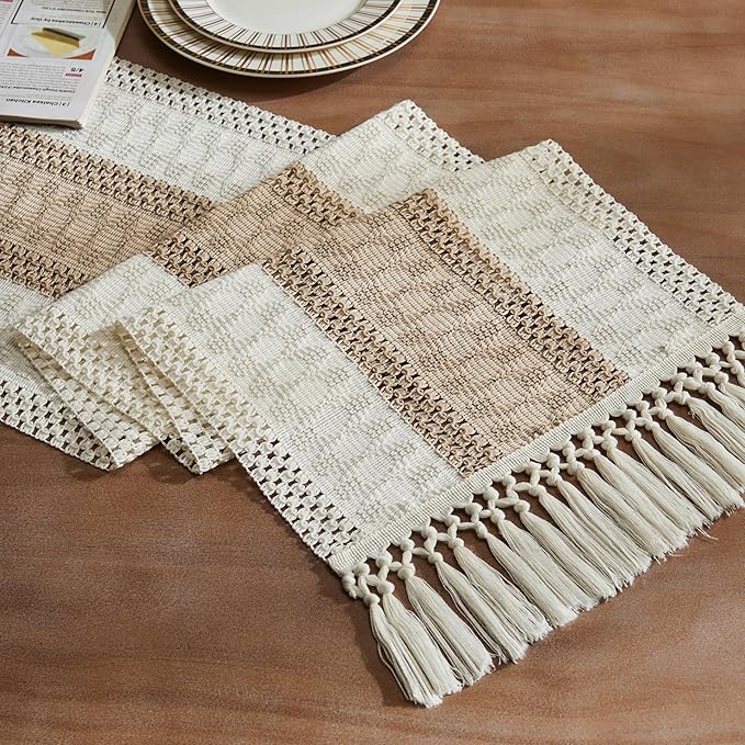 ZeeMart Macrame Style Bicolor Stitching Table Runner, 14 x 36 Inch Taupe/Ivory, Boho Beige Table Runners 36 Inches Long, Farmhouse Woven Home Decor