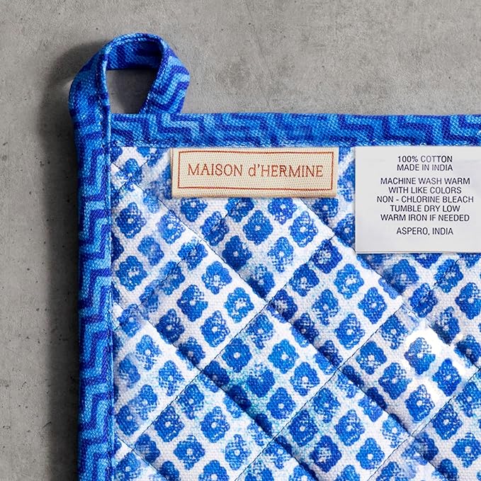Maison d' Hermine 100% Cotton Oven Mitt & Pot Holder Set (7.5"x13" & 8"x8") Heat Resistant BBQ Cooking Gloves with Loop Baking Grilling Kitchen Gifts for Mothers Day Spring/Summer (Indigo Love)