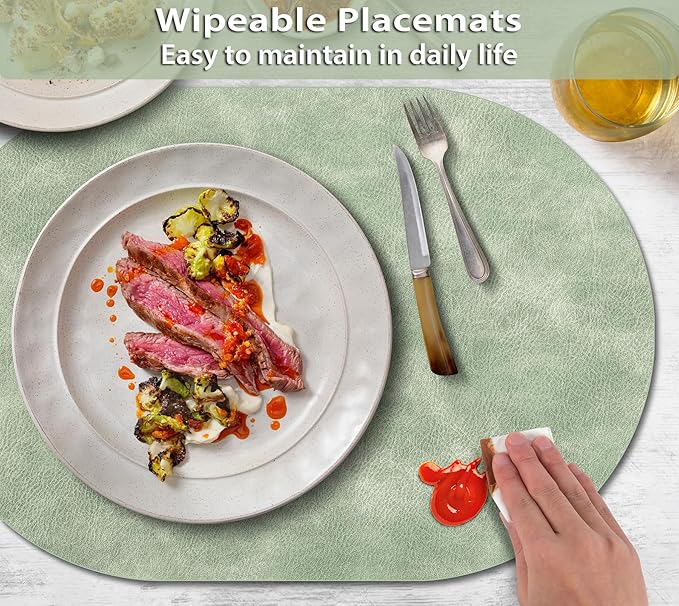 ADRIMER Placemats, Heat Resistant Oval Placemats Set of 12 Washable 12 x 17 Inch, Waterproof Table Mats, Wipeable Pu Place Mats for Kitchen, Dining Room, Green