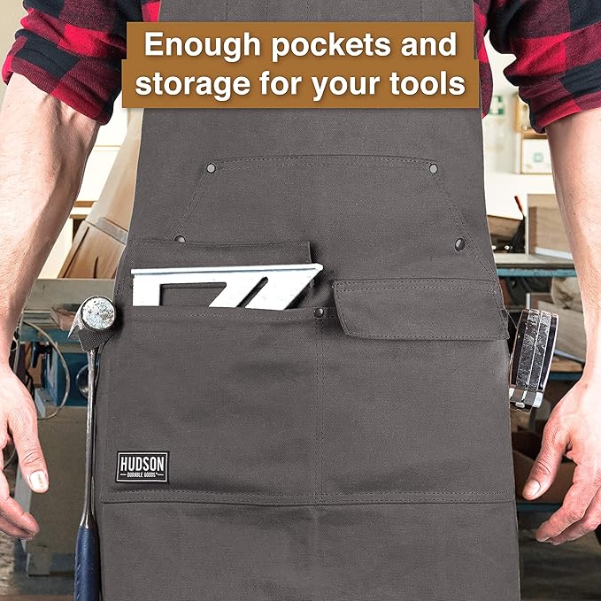 Hudson Durable Goods Woodworking Edition Waxed Canvas Tool Apron for Men and Women, Heavy Duty Work Apron with Front Pockets, Adjustable Padded Straps, Quick Release Buckle, Crossback - One Size, Grey