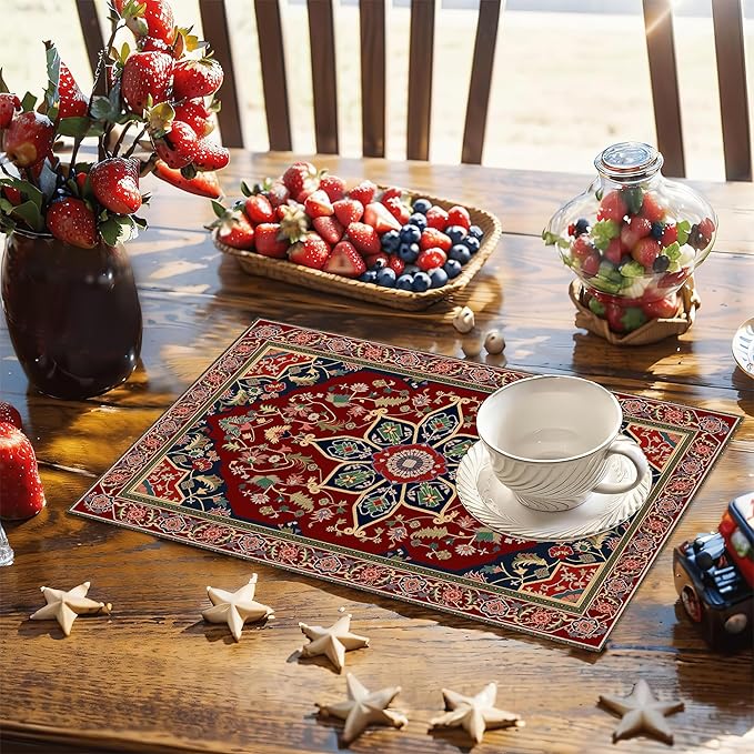 Boho Placemats,Persian Original Tribal Table Mats Set of 6,12x18 Inch,Waterproof Oil-Proof Washable and Reusable Linen placemats Holiday Party Kitchen Table Decorations