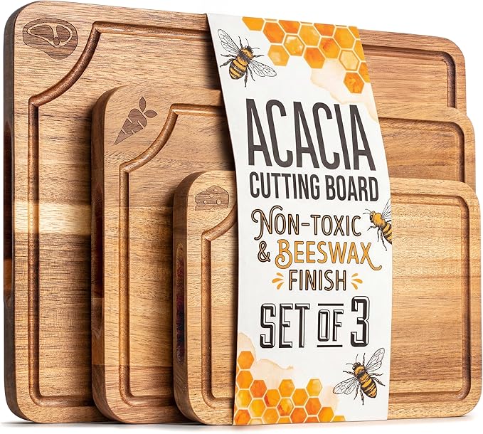 EDELHAUS Cutting Boards for Kitchen (Set of 3) Beeswax Finished Acacia Wood Cutting Board, Mineral Oil Free Wooden Cutting Boards non Toxic with Juice Groove, Non-Slip Feet, Charcuterie Boards