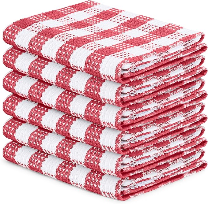 Blue Needles Set of 6 Waffle Weave Kitchen Towel, 15x25 Inches 100% Cotton Check Plaid Dish Towels for Kitchen, Soft & Absorbent for Quick Drying with Hanging Loop, Spring Summer - Burgundy & White