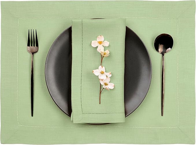 D'Moksha Homes Sage Green Linen Cloth Placemats Set of 4-100% Pure Linen Hemstitch Placemats 14 x 19 Inch - Classic Hemstitch Table Place Mats for Mothers Day - Machine Washable