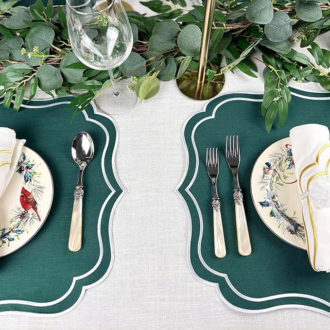 Cotton Linen Placemats Set of 4 - Double Layered, Machine Washable, Wrinkle Resistance, Scalloped & Embroidered Cloth Table Mats - Spring, Summer Mat, Gift for Mom, 19 x 17 inch, Green