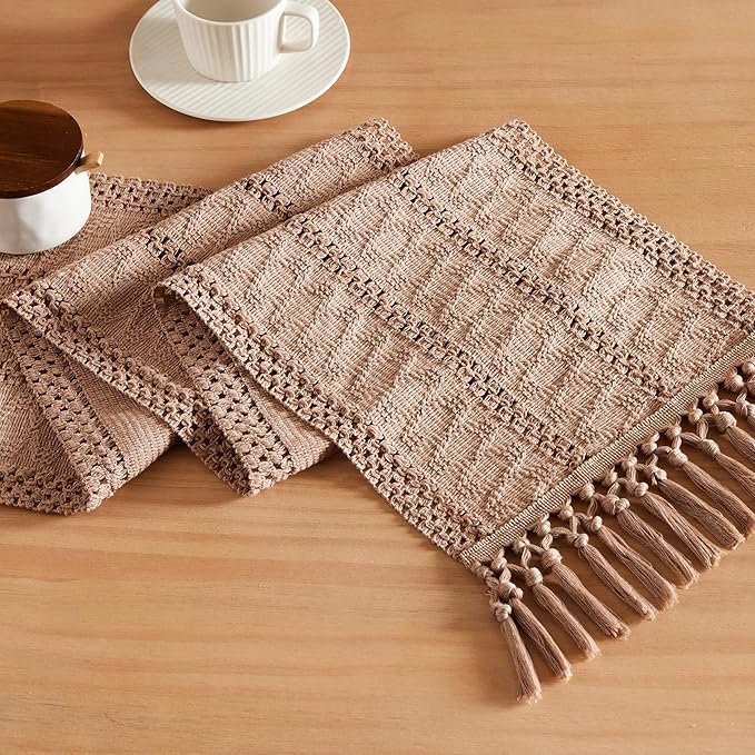 ZeeMart Macrame Style Boho Table Runner, Taupe Table Runners 108 Inches Long, Farmhouse Woven Home Decor, 12x108 Inch, Taupe