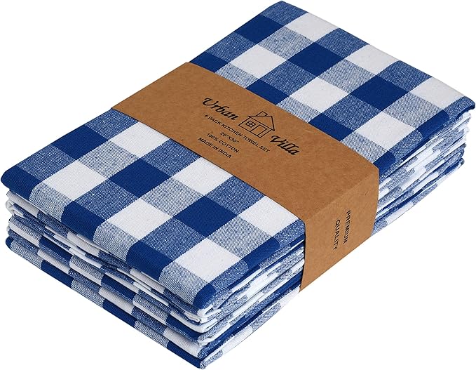 Urban Villa Kitchen Towels 100% Cotton Dish Towels for Kitchen (Set of 6) 20”x30” Dish Cloths Highly Absorbent Kitchen Linen Set with Hanging Loop Perfect for Drying Dishes Cleaning – Blue/White