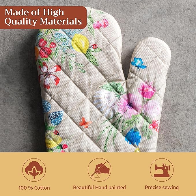 Maison d'Hermine Oven Gloves 100% Cotton Oven Mitt 7" x 13" with Loop Heat Resistant BBQ Cooking Gloves Baking Grilling Gifts for Mothers Day Spring/Summer (Pack of 1, Jardin D'Ete - Fog)
