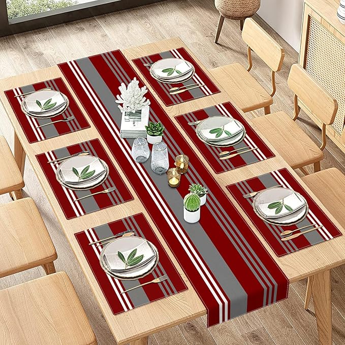ArtSocket Burgundy Table Runner and Placemats Set of 6, Red Stripes Colorful Grey Line Vintage Abstract Art Dining Decor for Daily Use(1 Table Runner 72 inches Long and 6 Placemats)