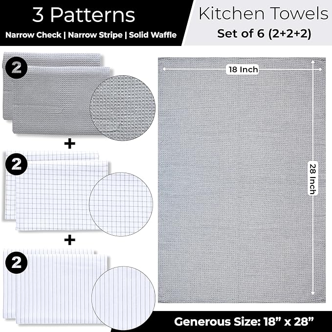 Highly Absorbent Cotton Kitchen Towels for Drying Dishes - Set of 6 Dish Towels - Narrow Light Gray Stripes Plaid Waffle Dishtowels - 18"X28" Large Lint Free Linen Tea Hand Bulk T Towls