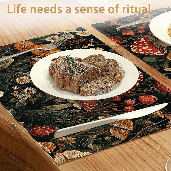 6 Pcs Placemats,Retro Mushroom Placemats,Daisy Table Mats Washable Recyclable Table Placemat for Indoor Outdoor Heat Resistant Kitchen Dining 12"x18"