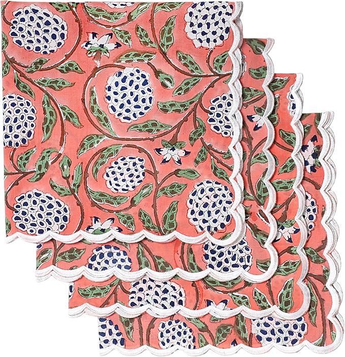 Ridhi Hand Block Print Dark Salmon Pink 18" x 18" (Set of 4) Embroidery Table Napkins Reusable Cotton Dinner Napkins for Weddings, Parties, Everyday Dining Gift for Spring, Easter, Valentine
