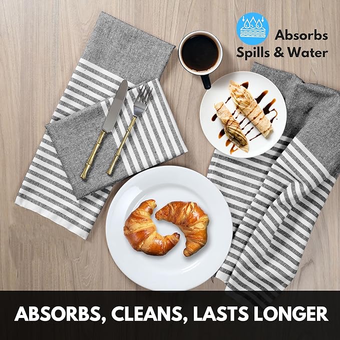 Cloth Napkins 18x18 Inches - Striped Design, 100% Cotton, Reusable & Durable Fabric Napkins for Dining, Everyday Meals, Events, Parties - Machine Washable, Set of 4, Black