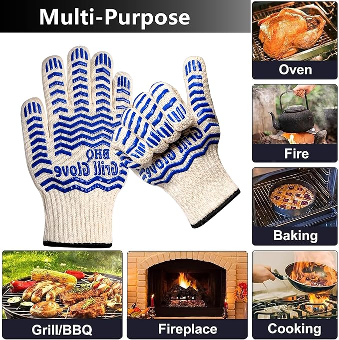2 PCS Heat Resistant Oven Gloves - BBQ Gloves Grill Heat Resistant Cooking Gloves Fireproof Oven Gloves for Cooking, Non-Slip Fire Gloves for Grilling, Barbecue, Baking, Frying Oven Welding Gloves