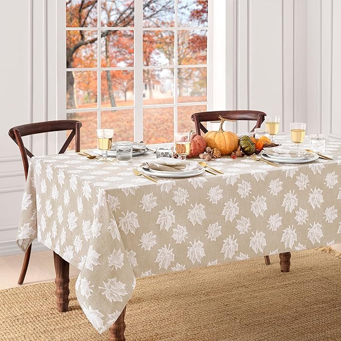 Elrene Home Fashions Falling Leaves Jacquard Harvest/Thanksgiving Cotton Tablecloth, 60"x84" Rectangle, Taupe