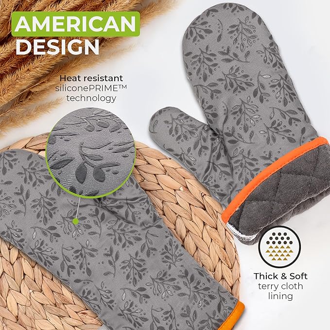 Premium Heat-Resistant Oven Mitts - Stylish and Beautiful - Non-Slip Platinum Silicone Grip - Long and Thick - 100% Natural Cotton Exterior and Soft Terry Cloth Lining - Cook'n'Chic Set of 2 - Gray