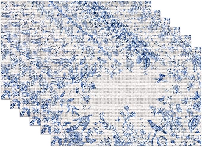 Spring Vintage Bird Placemats Set of 6, Chinoiserie Flower Linen Place Mat Washable Stain Resistant Table Mats for Farmhouse Kitchen 12x18 Inch