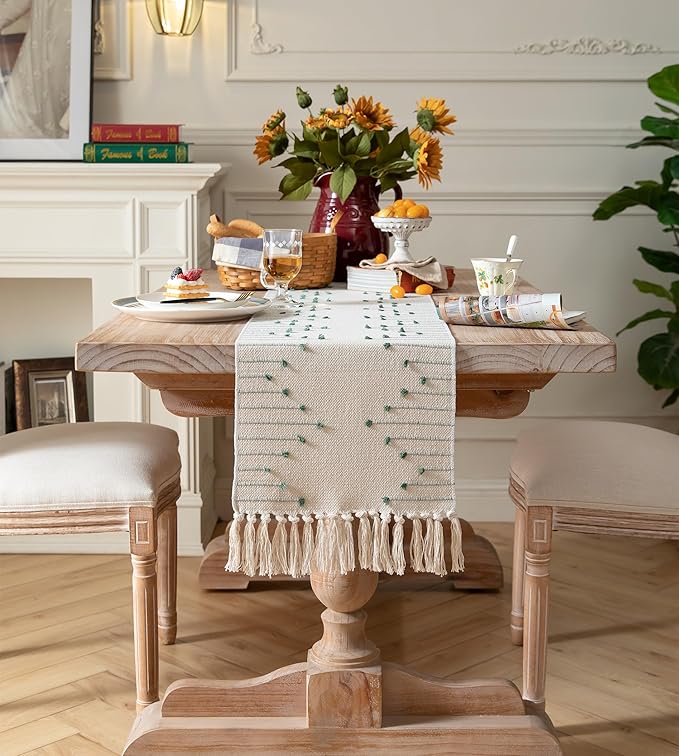 Boho Table Runner 13 x 60 Inch Long Natural Cotton Woven Runner with Tassels for Home Dining Table décor, for Modern Farmhouse Decor Coffee Table Runner, Green and Beige