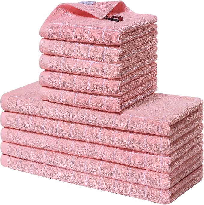 Homaxy Kitchen Towels and Dishcloths Set, 12 x 12 and 13 x 28 Inches, Set of 10 Bulk Cotton Terry Kitchen Towels Set, Checkered Designed, Soft and Super Absorbent Dish Towels, Pink